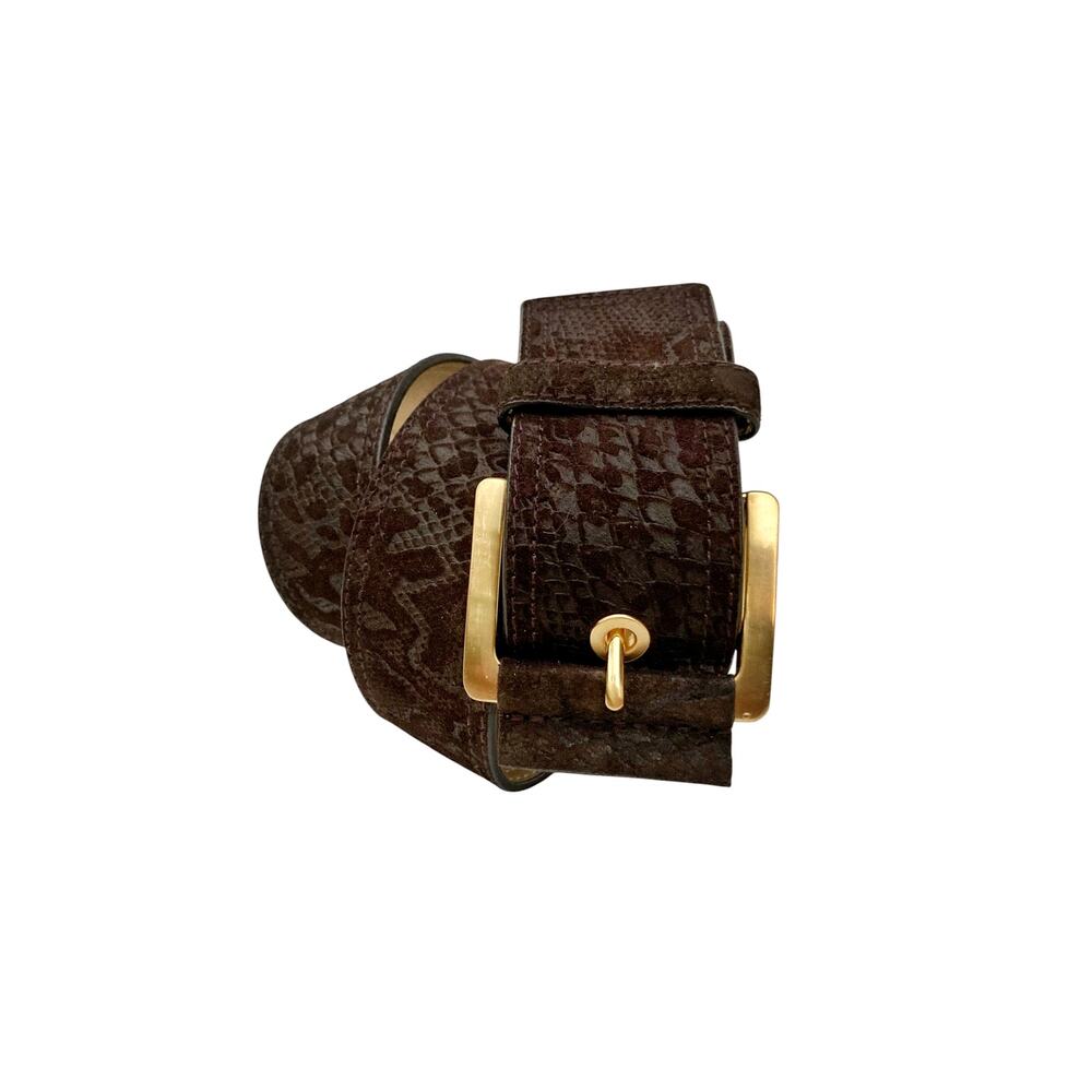 Via Spiga Chocolate Brown Snake Embossed Suede Wide Waist Belt Gold Buckle 2010s